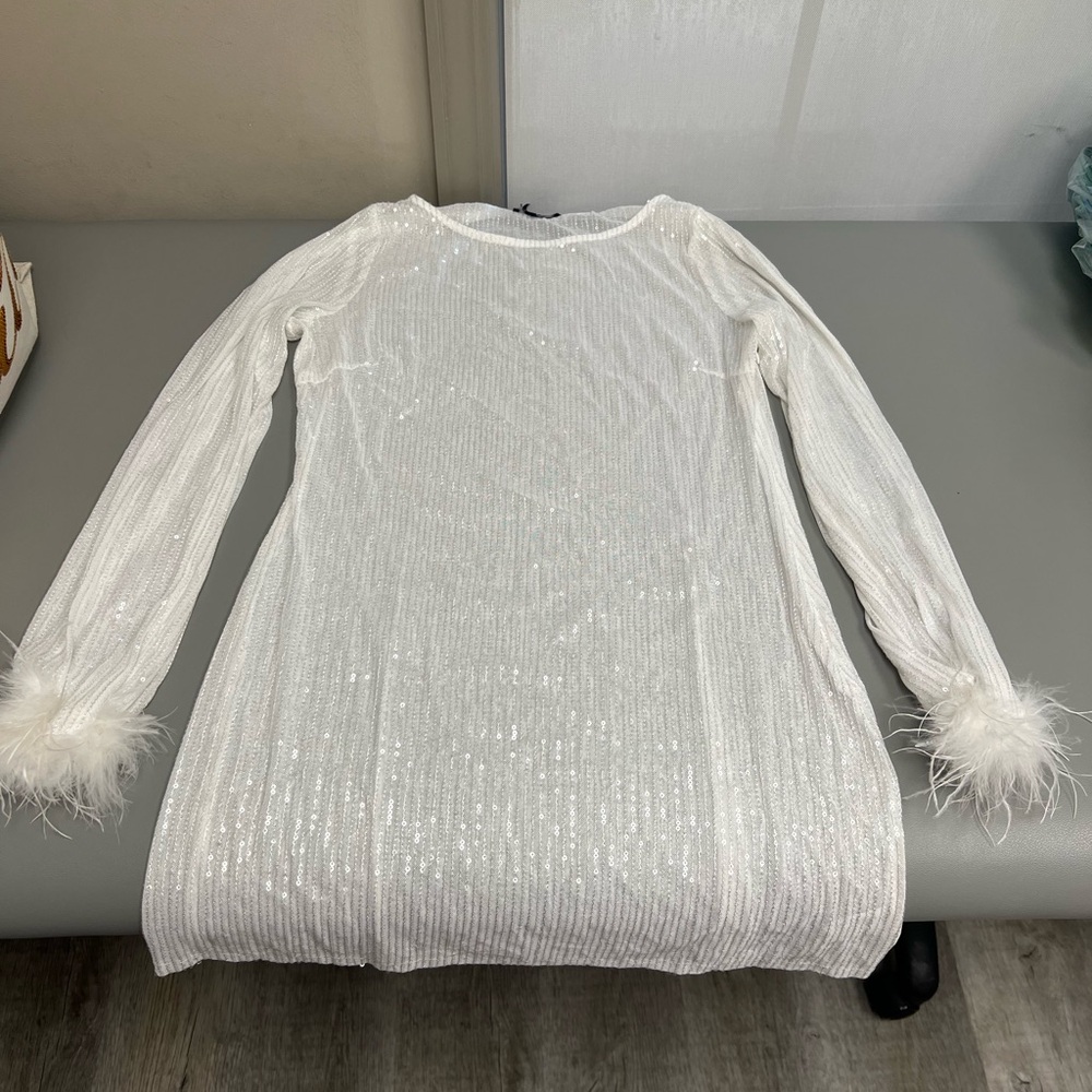Lulu’s Whote Long Sleeve Dress with Feather Cuffs